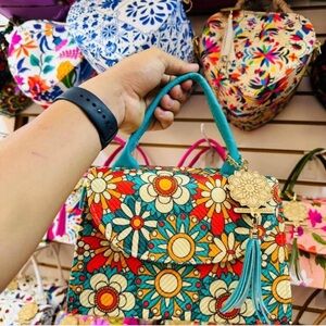 Handmade Floral Patterned Handbag with Teal Accents